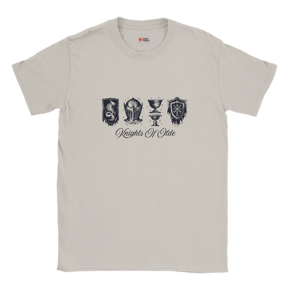 Beige t-shirt with black graphics and text on a white background