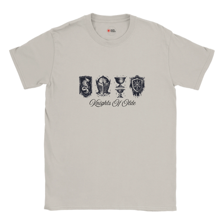Beige t-shirt with black graphics and text on a white background