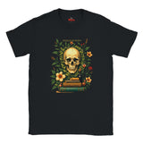 Black t-shirt with a skull and books design on a white background