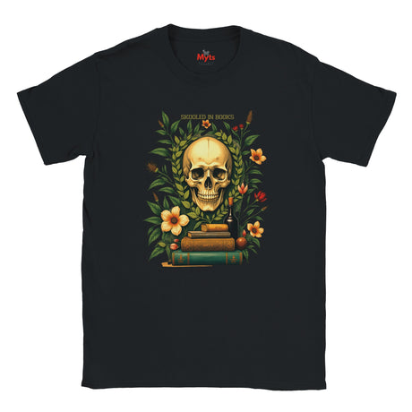 Black t-shirt with a skull and books design on a white background