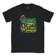 Black t-shirt with colorful golf-themed graphic on a white background