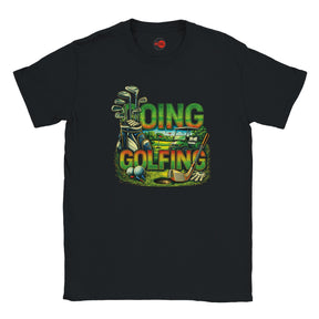 Black t-shirt with colorful golf-themed graphic on a white background