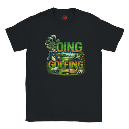 Black t-shirt with colorful golf-themed graphic on a white background