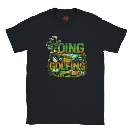 Black t-shirt with colorful golf-themed graphic on a white background