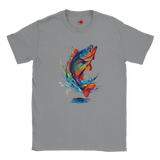 Gray t-shirt with a colorful fish graphic on a white background