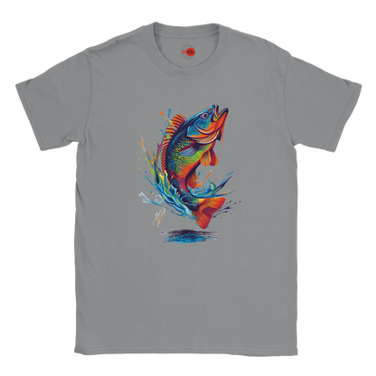 Gray t-shirt with a colorful fish graphic on a white background