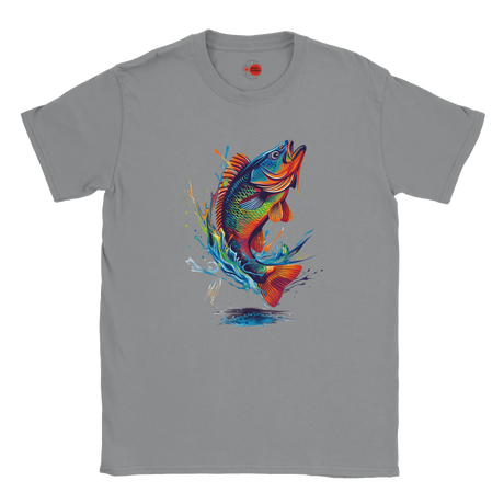 Gray t-shirt with a colorful fish graphic on a white background