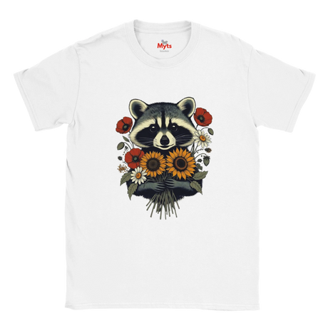 A white short-sleeve crewneck t-shirt featuring a graphic print of a raccoon holding a bouquet of sunflowers, daisies, and red poppies. The brand name 'The Myts' is printed inside the collar.