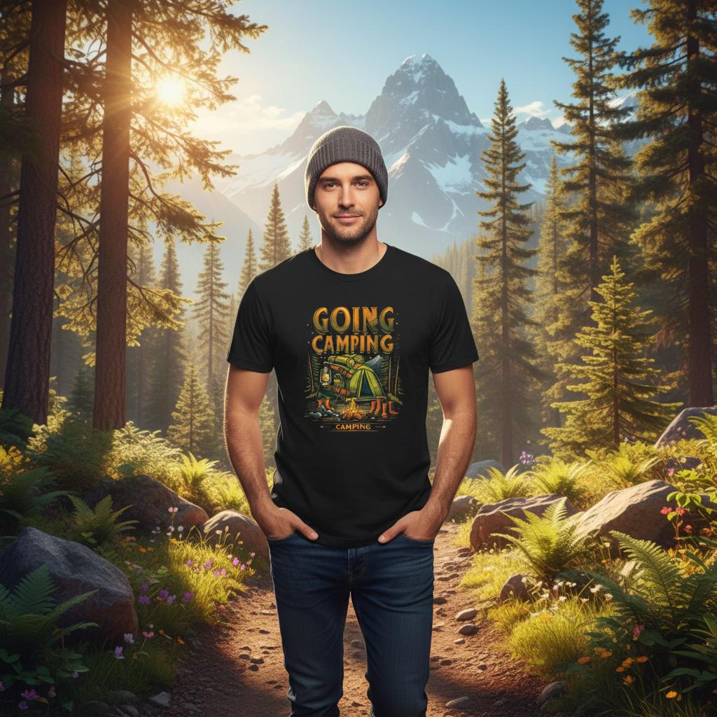 Man wearing a 'Going Camping' t-shirt in a forest with mountains in the background