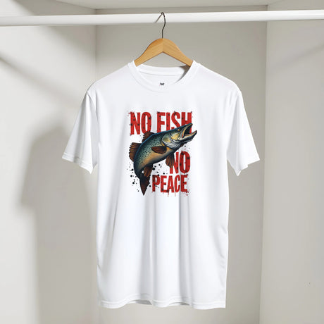 White t-shirt with a fish graphic and 'No Fish No Peace' text on a hanger against a white background