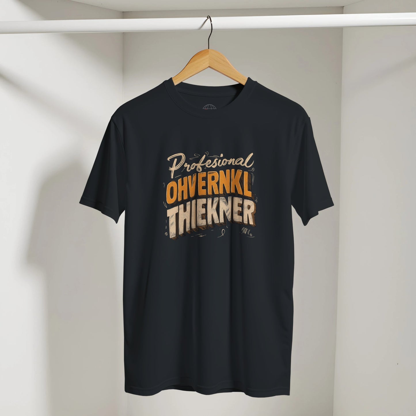 Black t-shirt with text on a hanger against a white wall