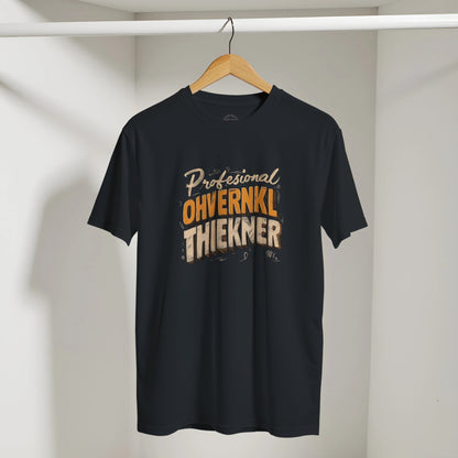Black t-shirt with text on a hanger against a white wall
