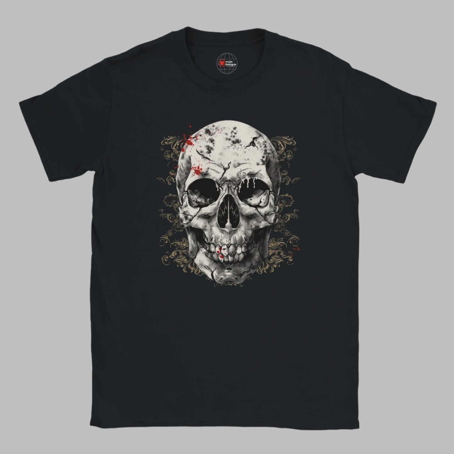 Black t-shirt with a skull design on a white background
