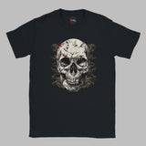 Black t-shirt with a skull design on a white background