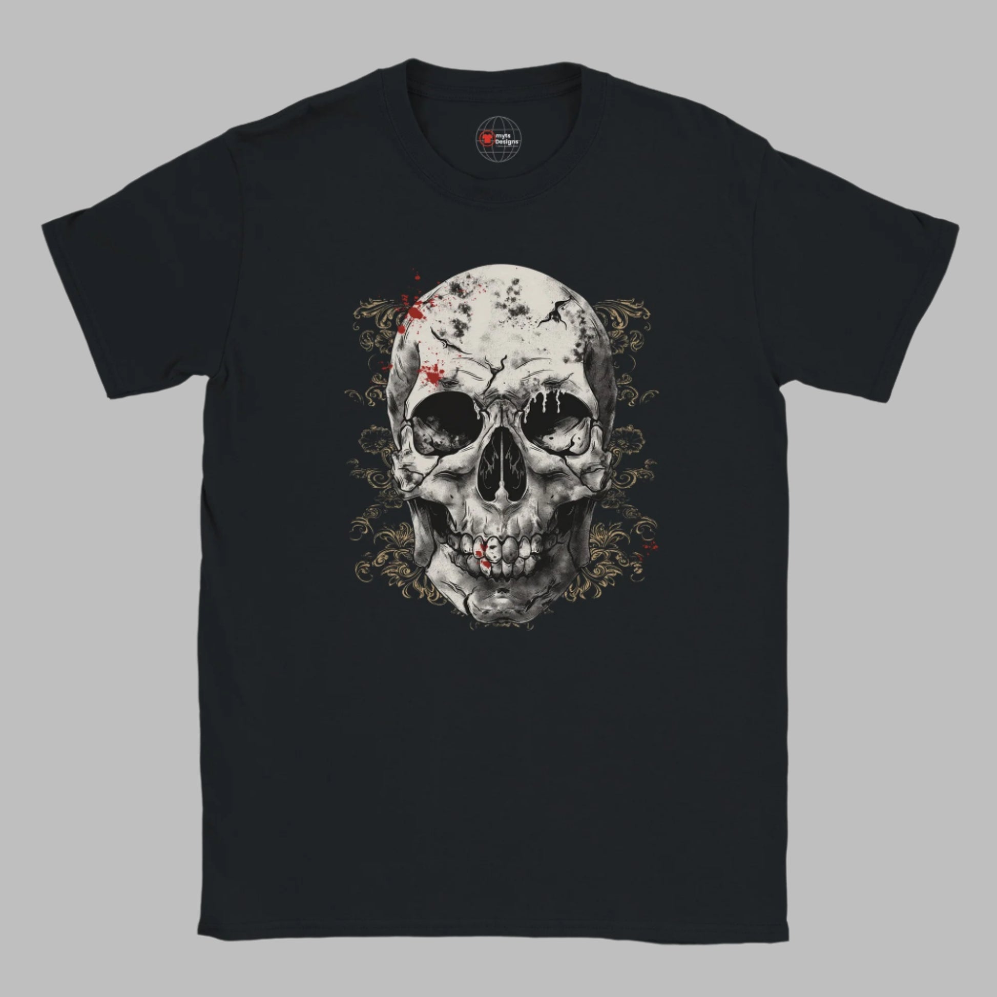 Black t-shirt with a skull design on a white background