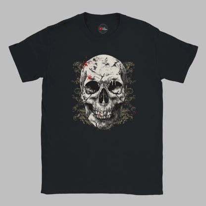 Black t-shirt with a skull design on a white background