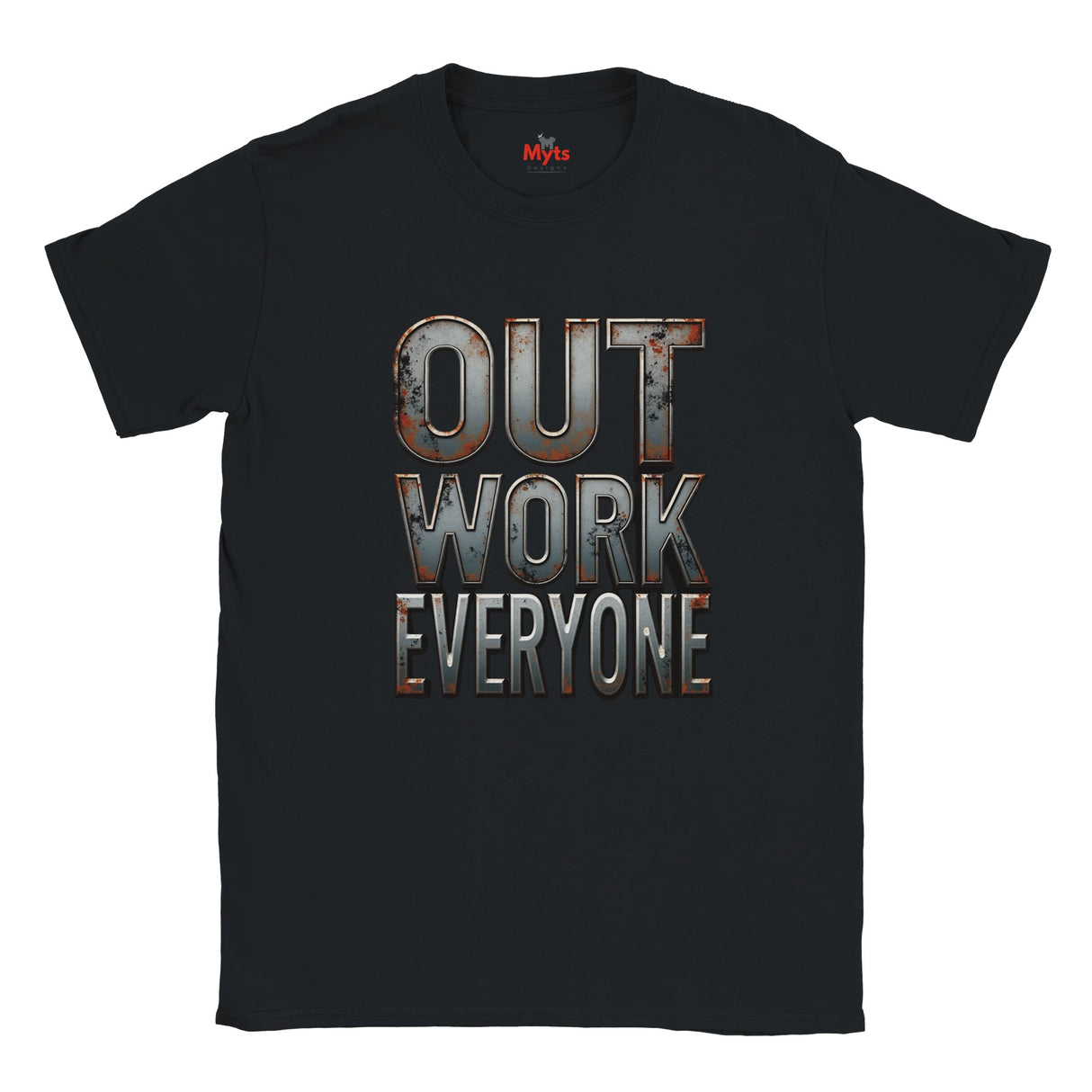 Black t-shirt with a graphic design and text on a white background