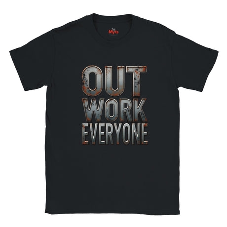 Black t-shirt with a graphic design and text on a white background