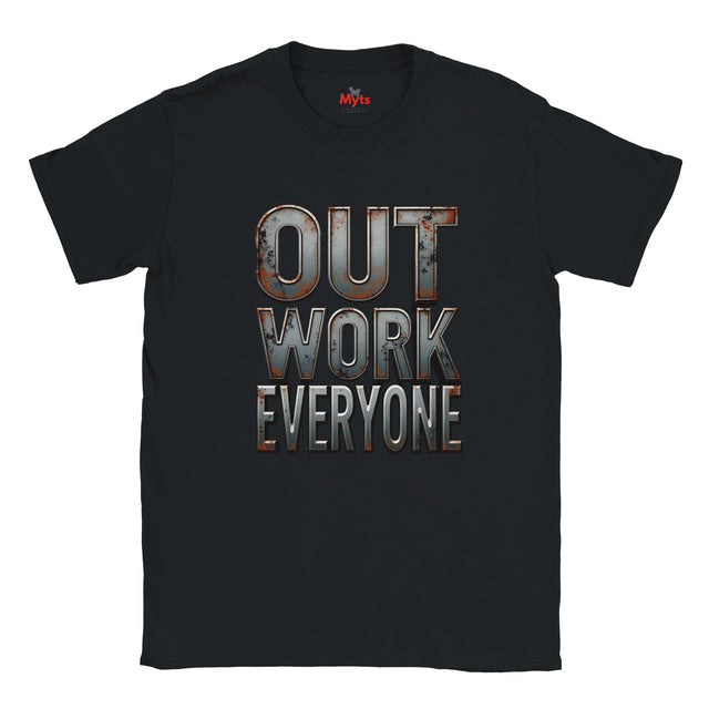 Black t-shirt with a graphic design and text on a white background