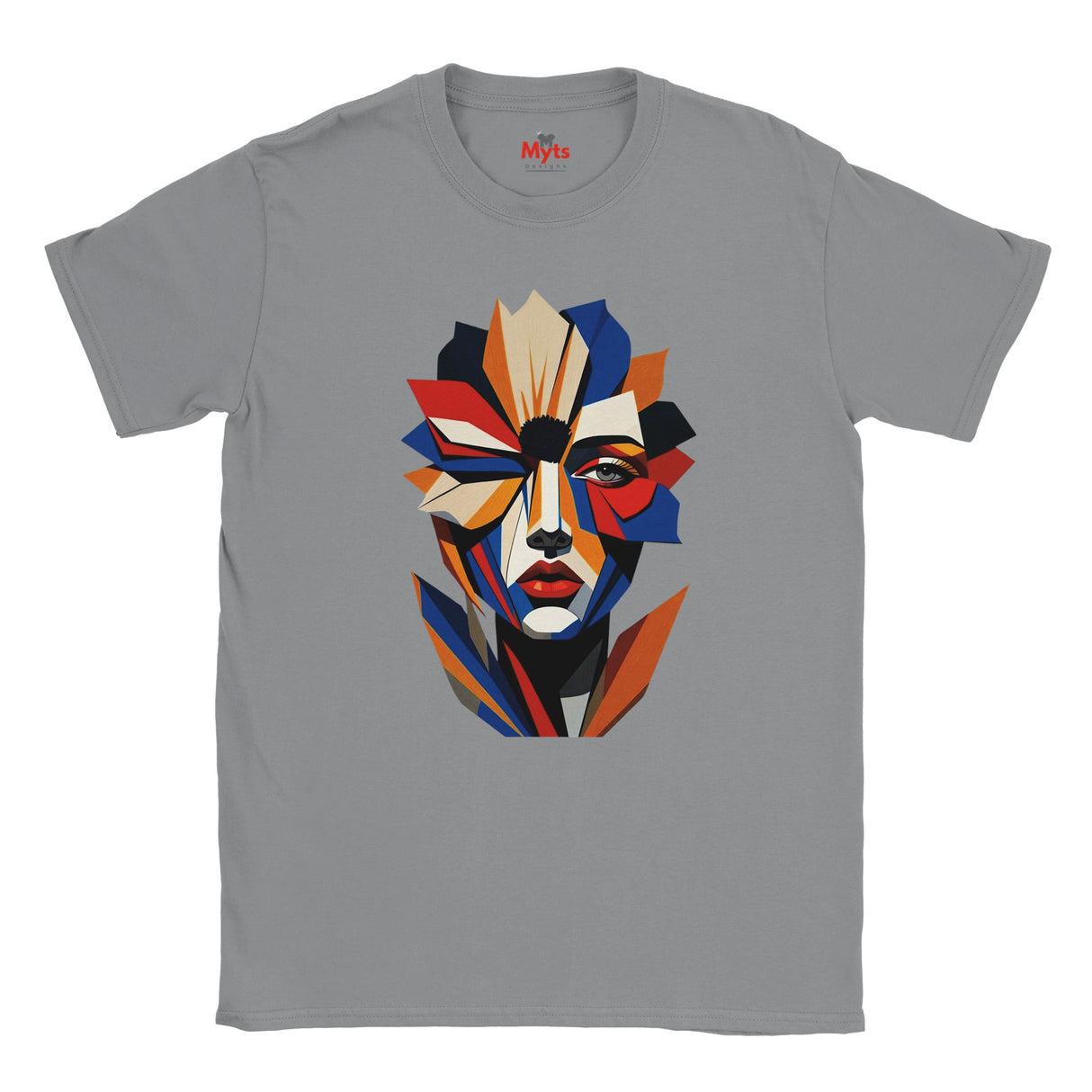 Abstract Geometric Face T-Shirt in Grey — bold geometric portrait art graphic tee by Mytsdesigns