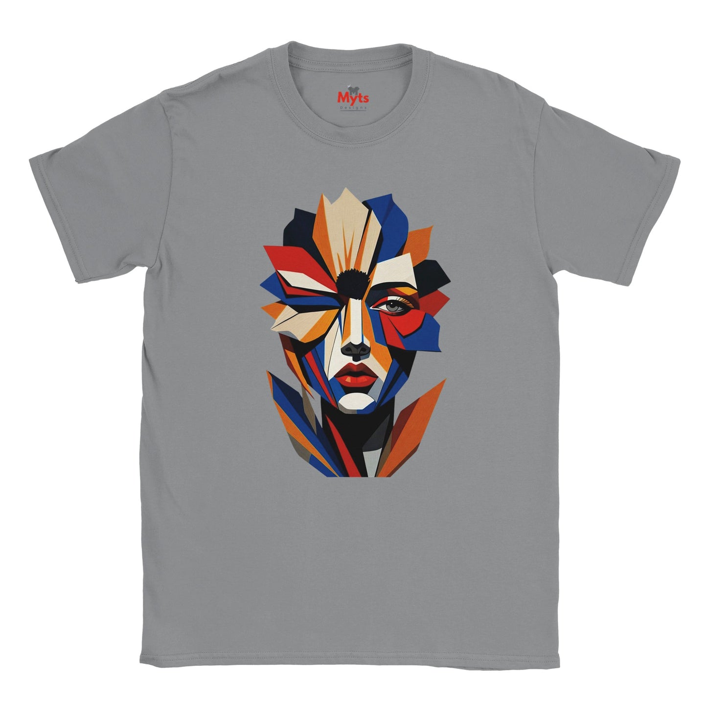 Abstract Geometric Face T-Shirt in Grey — bold geometric portrait art graphic tee by Mytsdesigns