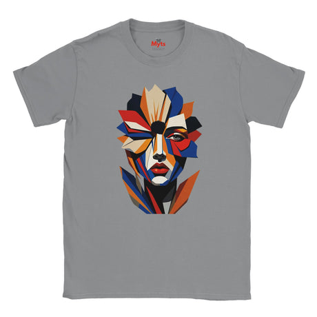 Abstract Geometric Face T-Shirt in Grey — bold geometric portrait art graphic tee by Mytsdesigns