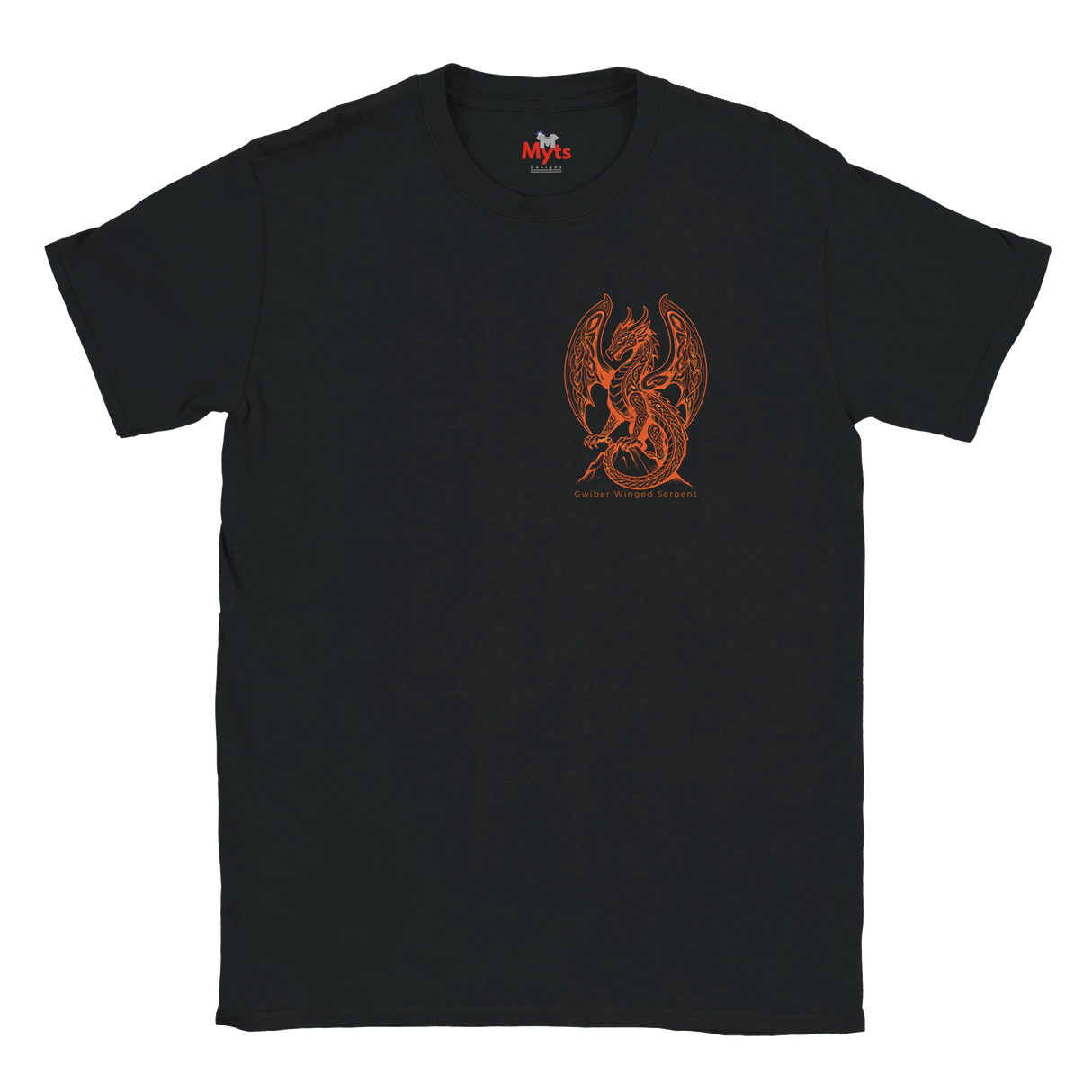A black short-sleeve crewneck t-shirt featuring a central orange graphic of a winged dragon-like creature, with a small red and white 'MMS' logo printed inside the collar, shown against a plain white background.