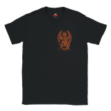 A black short-sleeve crewneck t-shirt featuring a central orange graphic of a winged dragon-like creature, with a small red and white 'MMS' logo printed inside the collar, shown against a plain white background.