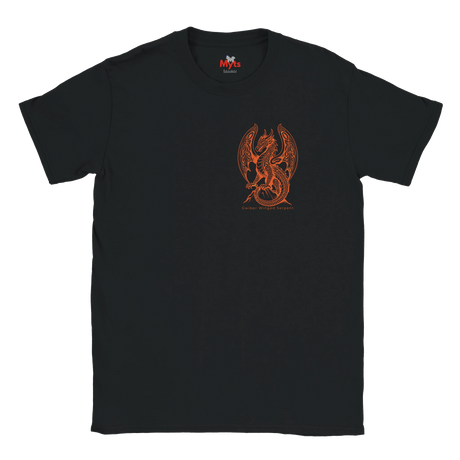 A black short-sleeve crewneck t-shirt featuring a central orange graphic of a winged dragon-like creature, with a small red and white 'MMS' logo printed inside the collar, shown against a plain white background.
