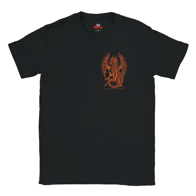 A black short-sleeve crewneck t-shirt featuring a central orange graphic of a winged dragon-like creature, with a small red and white 'MMS' logo printed inside the collar, shown against a plain white background.