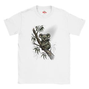 A white short-sleeve crewneck t-shirt featuring a watercolor-style graphic of a koala sitting on a tree branch with eucalyptus leaves. The brand name 'The Myts' is printed in red on the inside neck label.