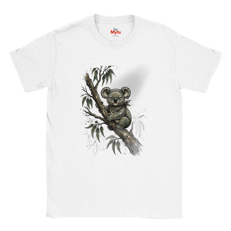 A white short-sleeve crewneck t-shirt featuring a watercolor-style graphic of a koala sitting on a tree branch with eucalyptus leaves. The brand name 'The Myts' is printed in red on the inside neck label.