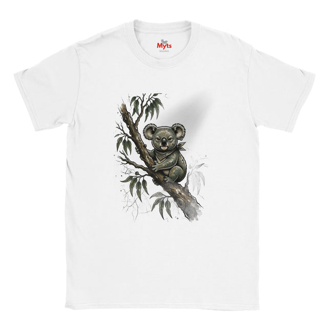 A white short-sleeve crewneck t-shirt featuring a watercolor-style graphic of a koala sitting on a tree branch with eucalyptus leaves. The brand name 'The Myts' is printed in red on the inside neck label.