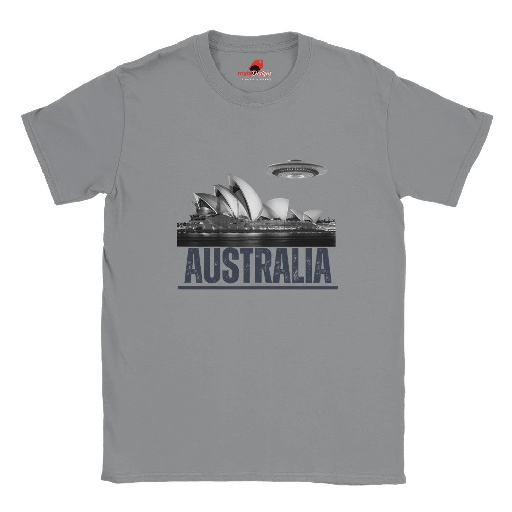 Front view of a sports grey soft casual tee showing the Sydney Opera House sails with a sleek spaceship graphic orbiting overhead, printed on ultra-soft Gildan 64000 cotton.T-shirtts 