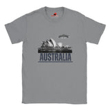 Front view of a sports grey soft casual tee showing the Sydney Opera House sails with a sleek spaceship graphic orbiting overhead, printed on ultra-soft Gildan 64000 cotton.T-shirtts 