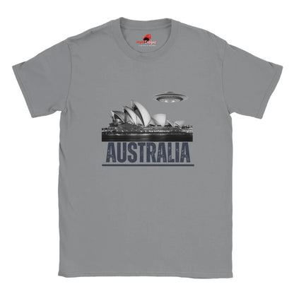 Front view of a sports grey soft casual tee showing the Sydney Opera House sails with a sleek spaceship graphic orbiting overhead, printed on ultra-soft Gildan 64000 cotton.T-shirtts 