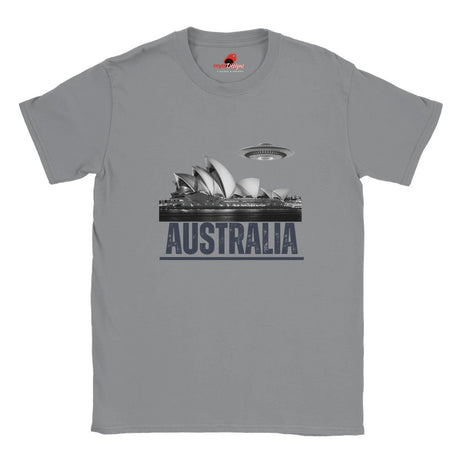 Front view of a sports grey soft casual tee showing the Sydney Opera House sails with a sleek spaceship graphic orbiting overhead, printed on ultra-soft Gildan 64000 cotton.T-shirtts 