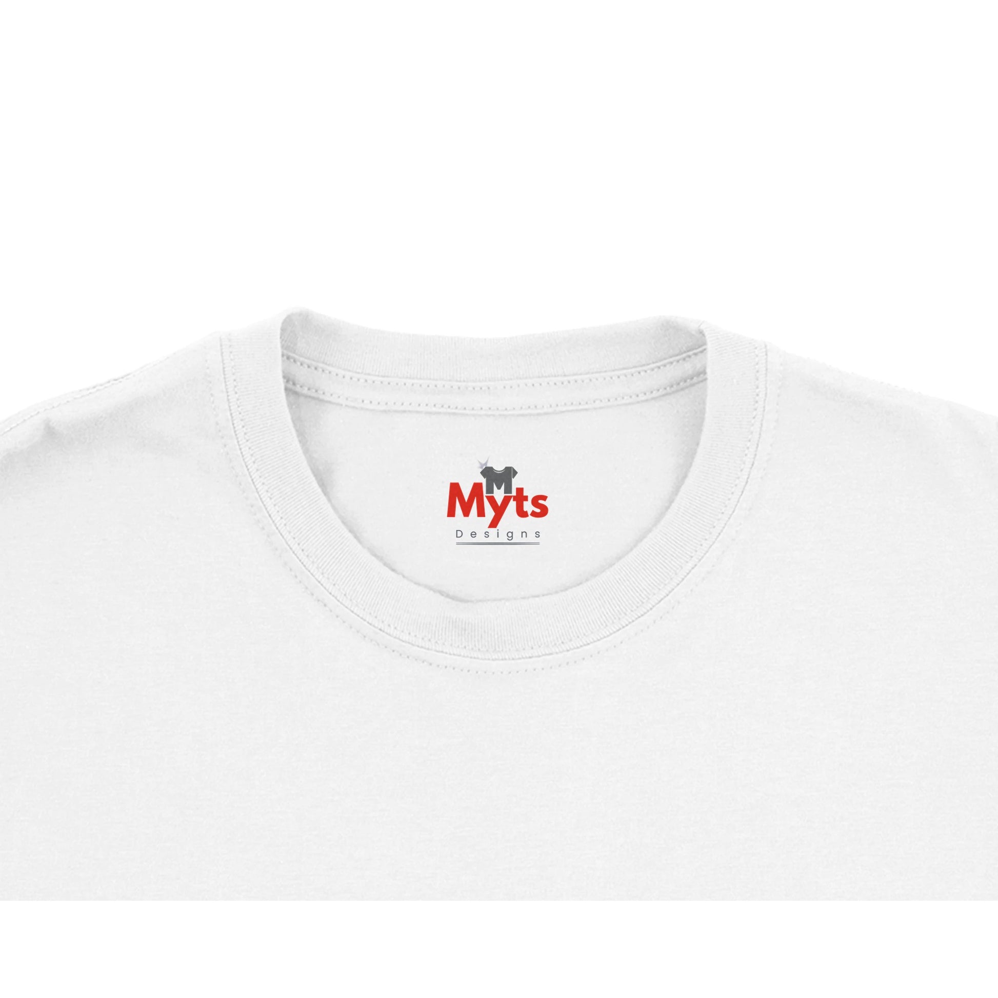 White t-shirt with 'Myts Designs' logo on a white background