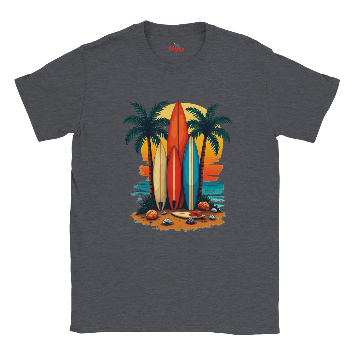 Gray t-shirt with a colorful graphic of surfboards and palm trees on a white background