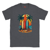 Gray t-shirt with a colorful graphic of surfboards and palm trees on a white background