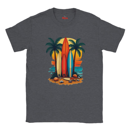 Gray t-shirt with a colorful graphic of surfboards and palm trees on a white background
