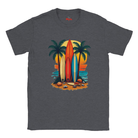 Gray t-shirt with a colorful graphic of surfboards and palm trees on a white background