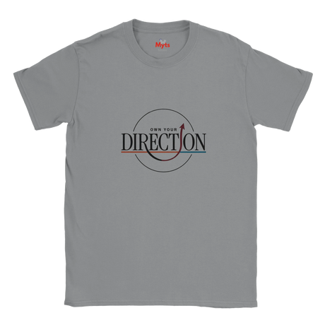 A sports gray crewneck T-shirt featuring a graphic print on the chest that reads 'OWN YOUR DIRECTION' with a red arrow and circular design, and a small red 'Myts' brand logo printed inside the collar.