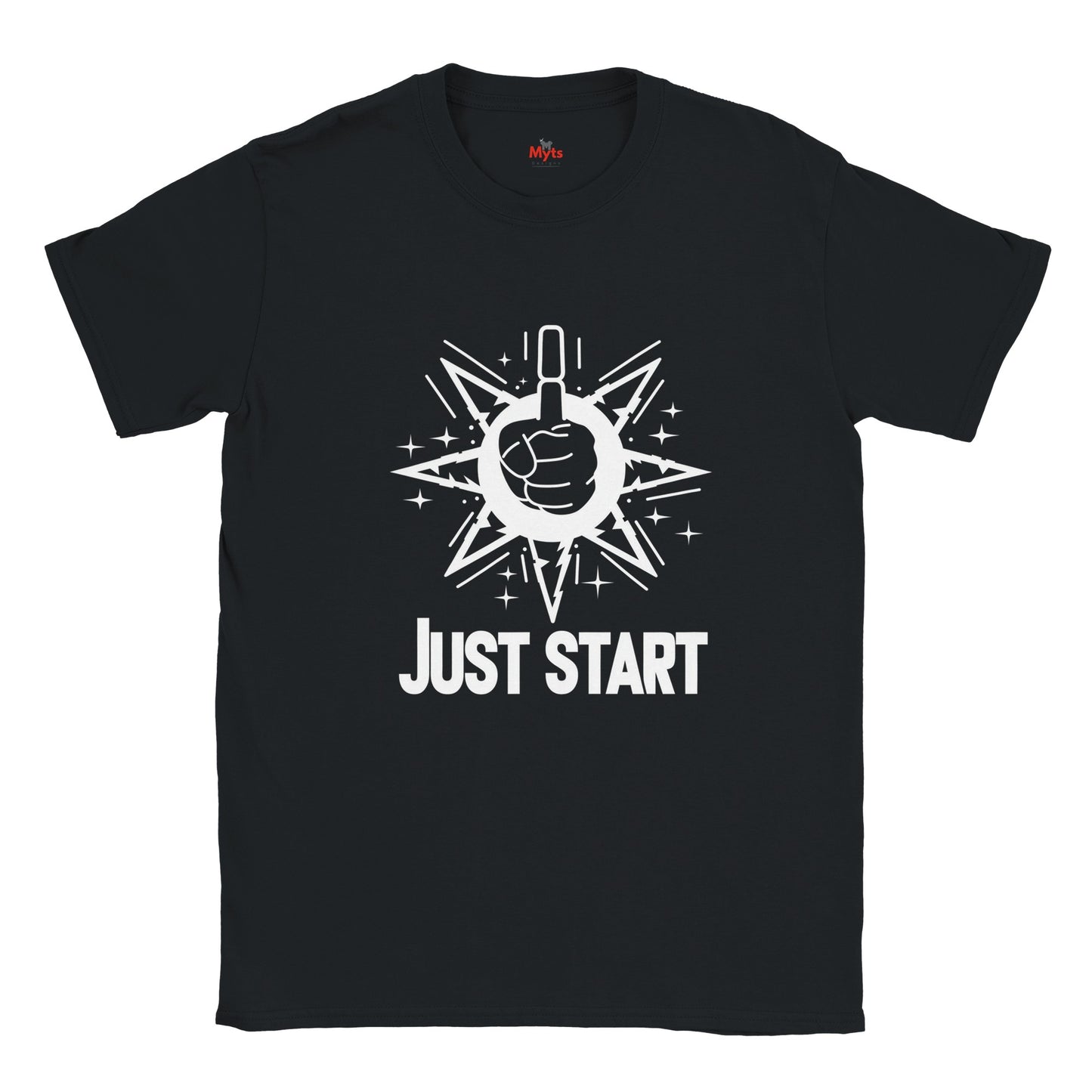 Black t-shirt with white graphic and 'JUST START' text on a white background