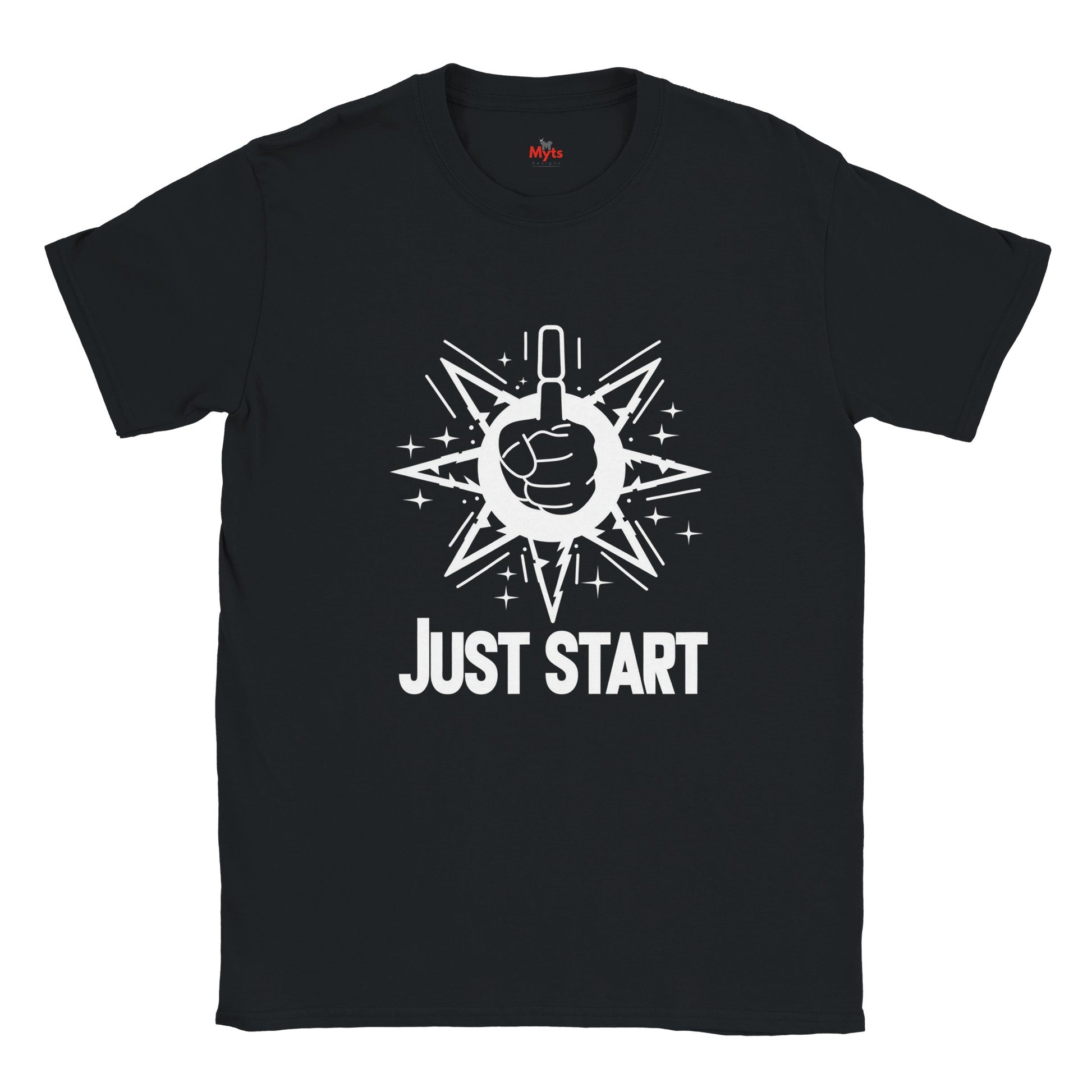 Black t-shirt with white graphic and 'JUST START' text on a white background