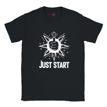 Black t-shirt with white graphic and 'JUST START' text on a white background