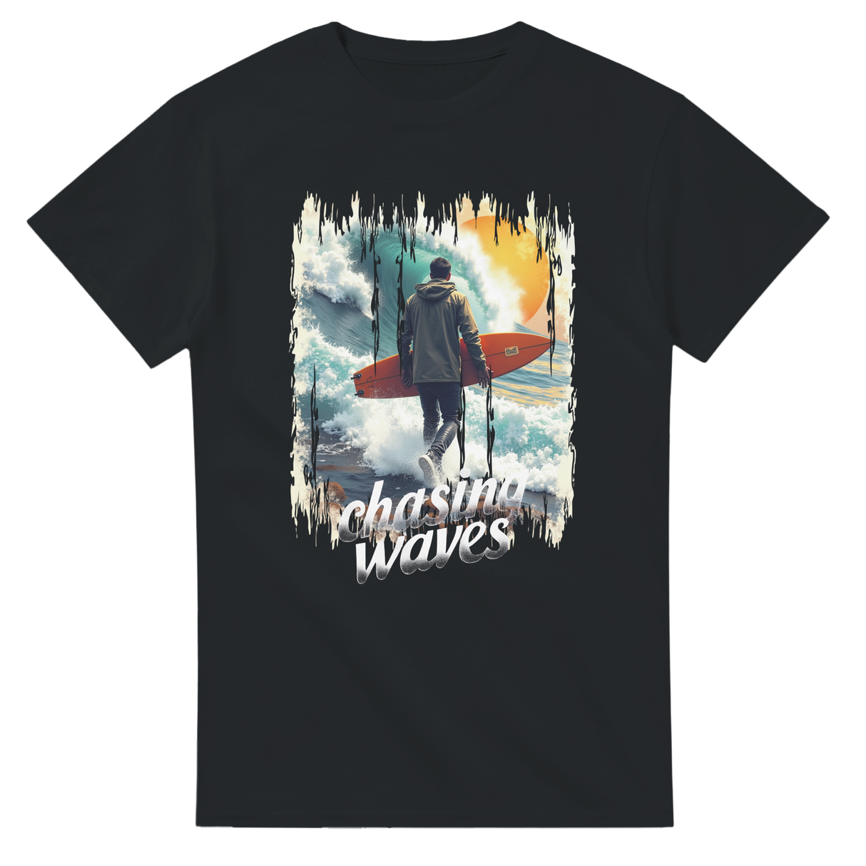 Black t-shirt with a graphic of a person with a surfboard and 'Chasing Waves' text on a white background