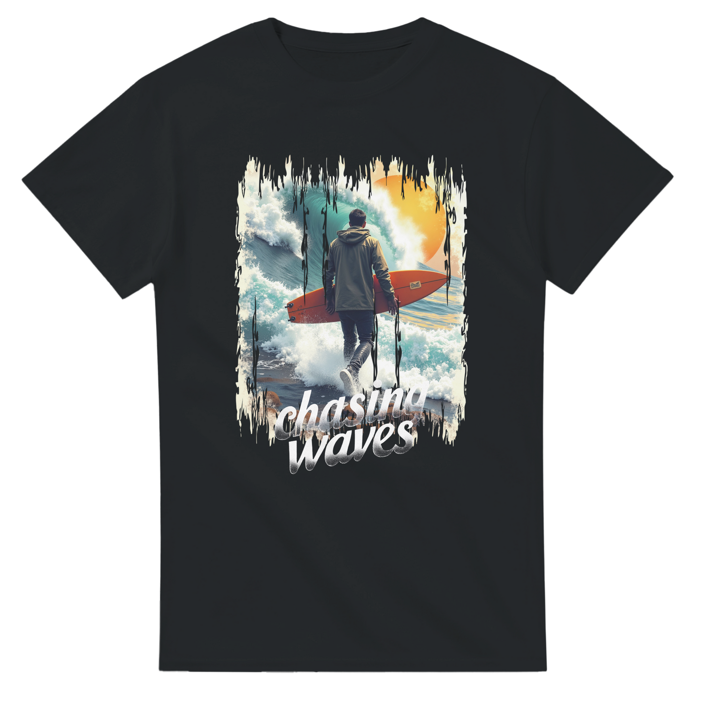Black t-shirt with a graphic of a person with a surfboard and 'Chasing Waves' text on a white background