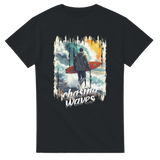 Black t-shirt with a graphic of a person with a surfboard and 'Chasing Waves' text on a white background