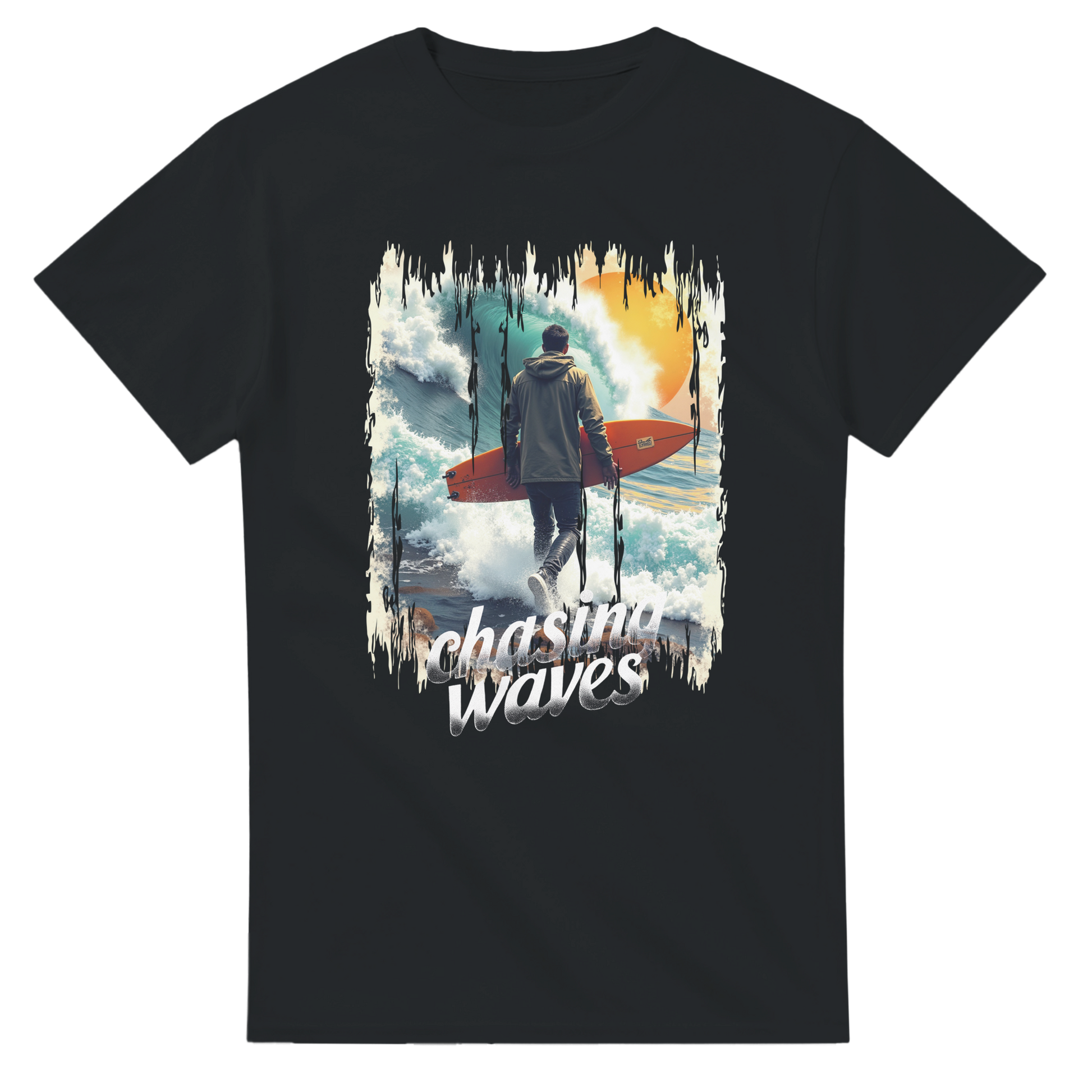 Black t-shirt with a graphic of a person with a surfboard and 'Chasing Waves' text on a white background